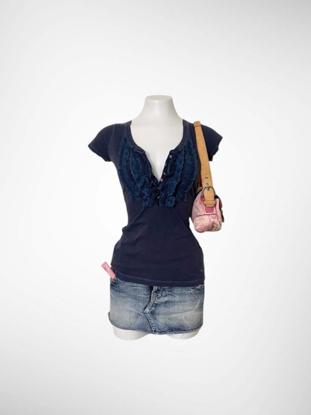 Early 2000s Abercrombie & Fitch Navy Blue Milkmaid Ruffle Henley Button Up Blous